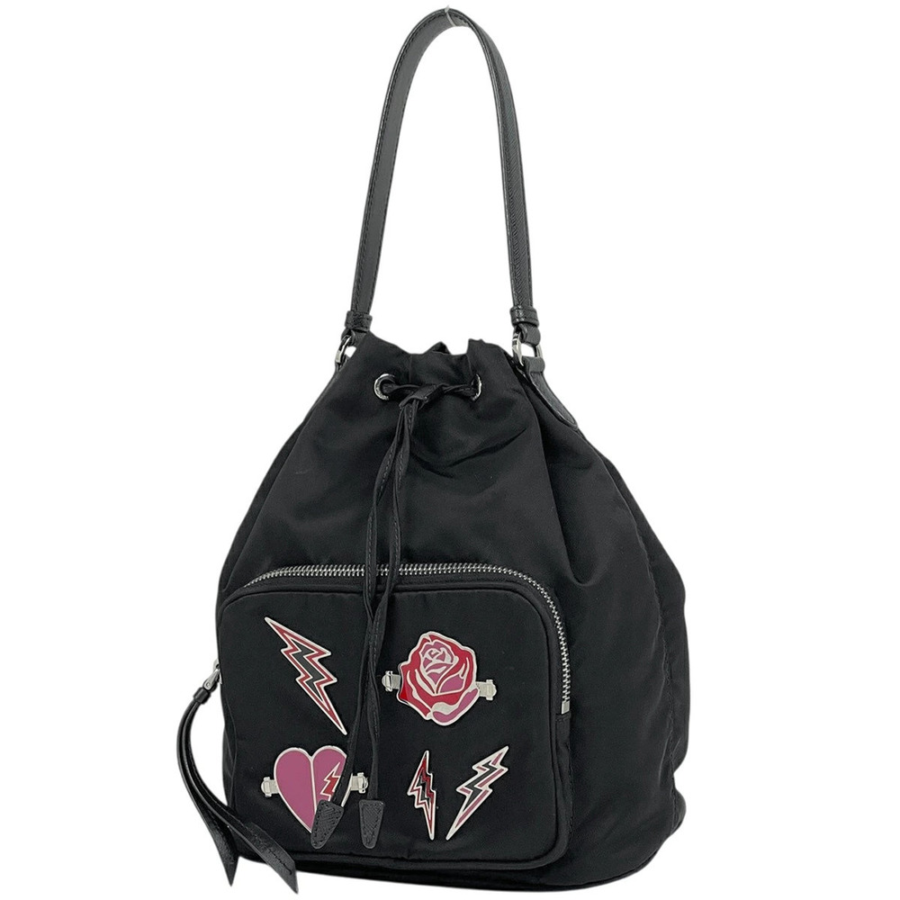 Prada Plate Handbag Robo Patch Drawstring Nero Black